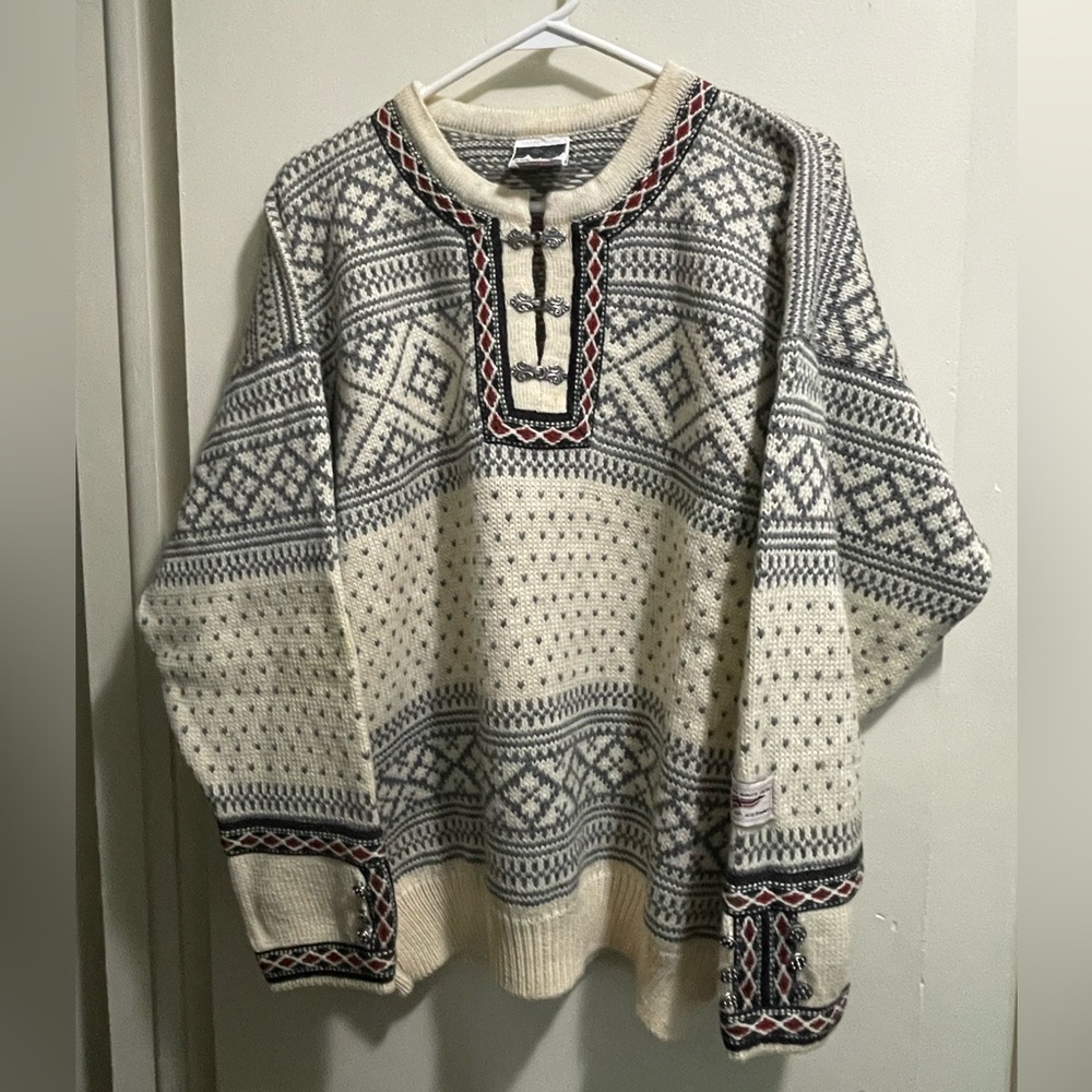 Dale of Norway Nordic Sweater - Cream and Grey with accents and trim 100% Wool